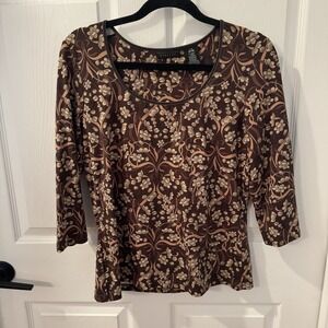 Apostrophe Stretch Woman's Size L 14-16 Blouse Brown Neutral Floral‎ Country